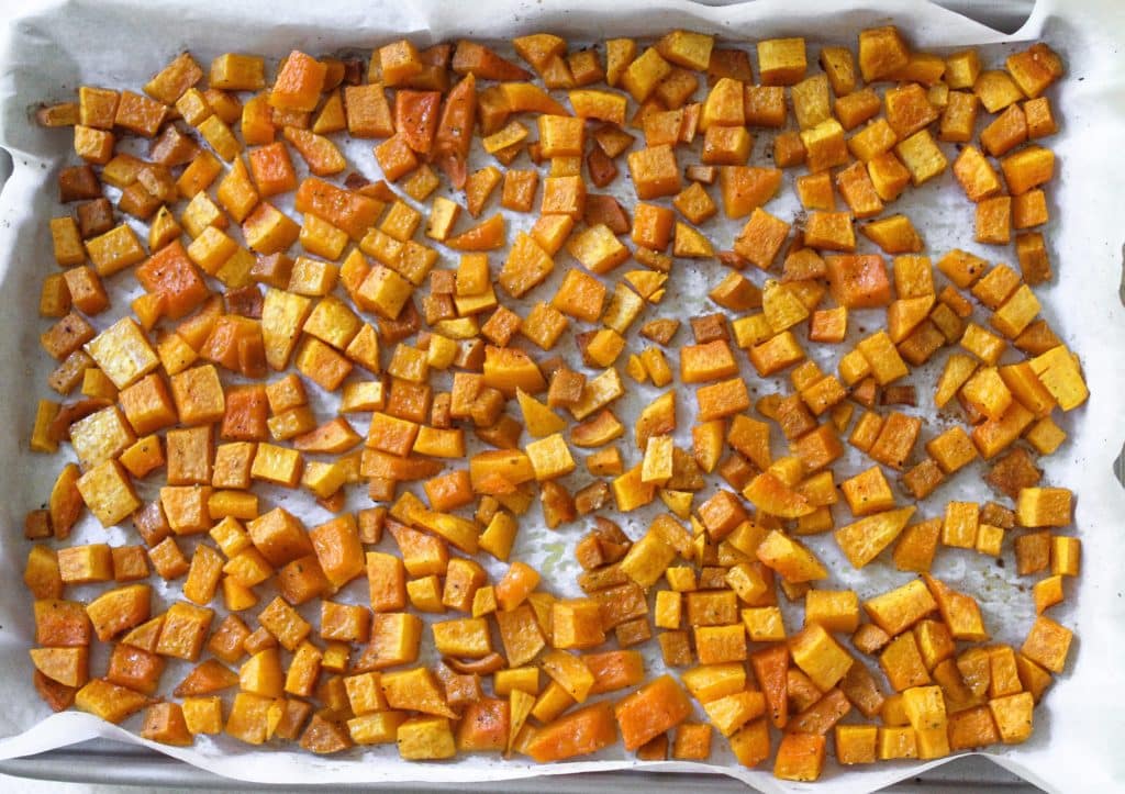 roasted butternut squash on a pan