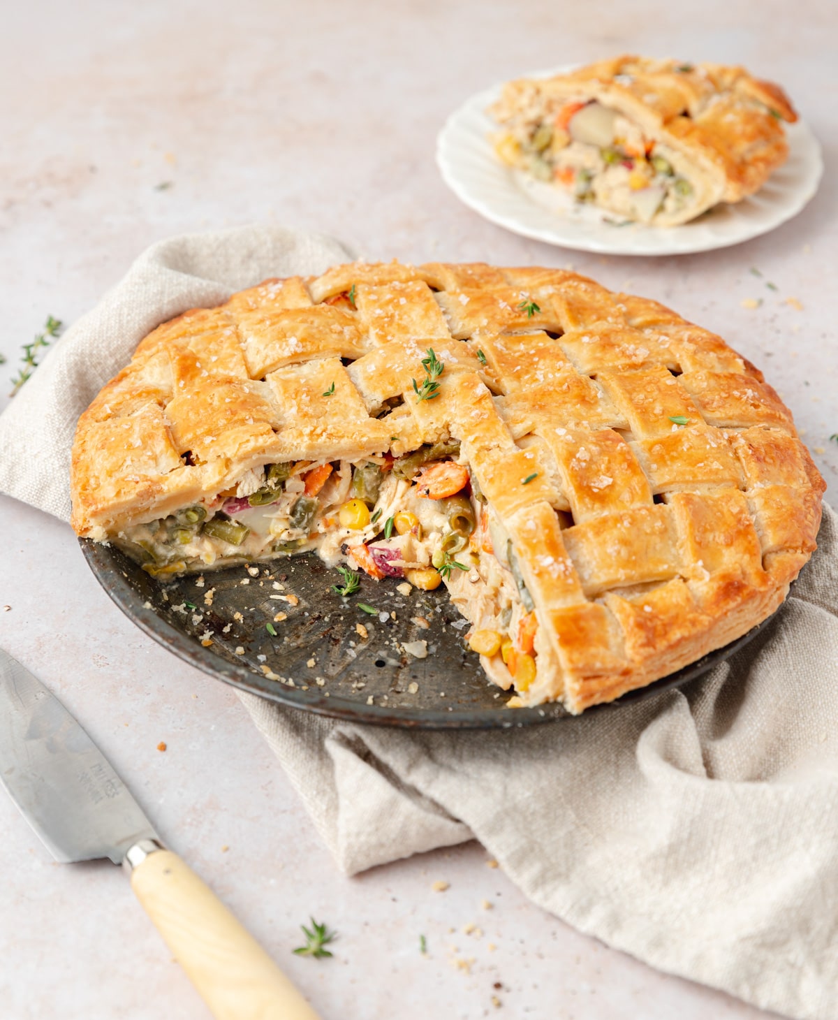 classic chicken pot pie with slice cut out