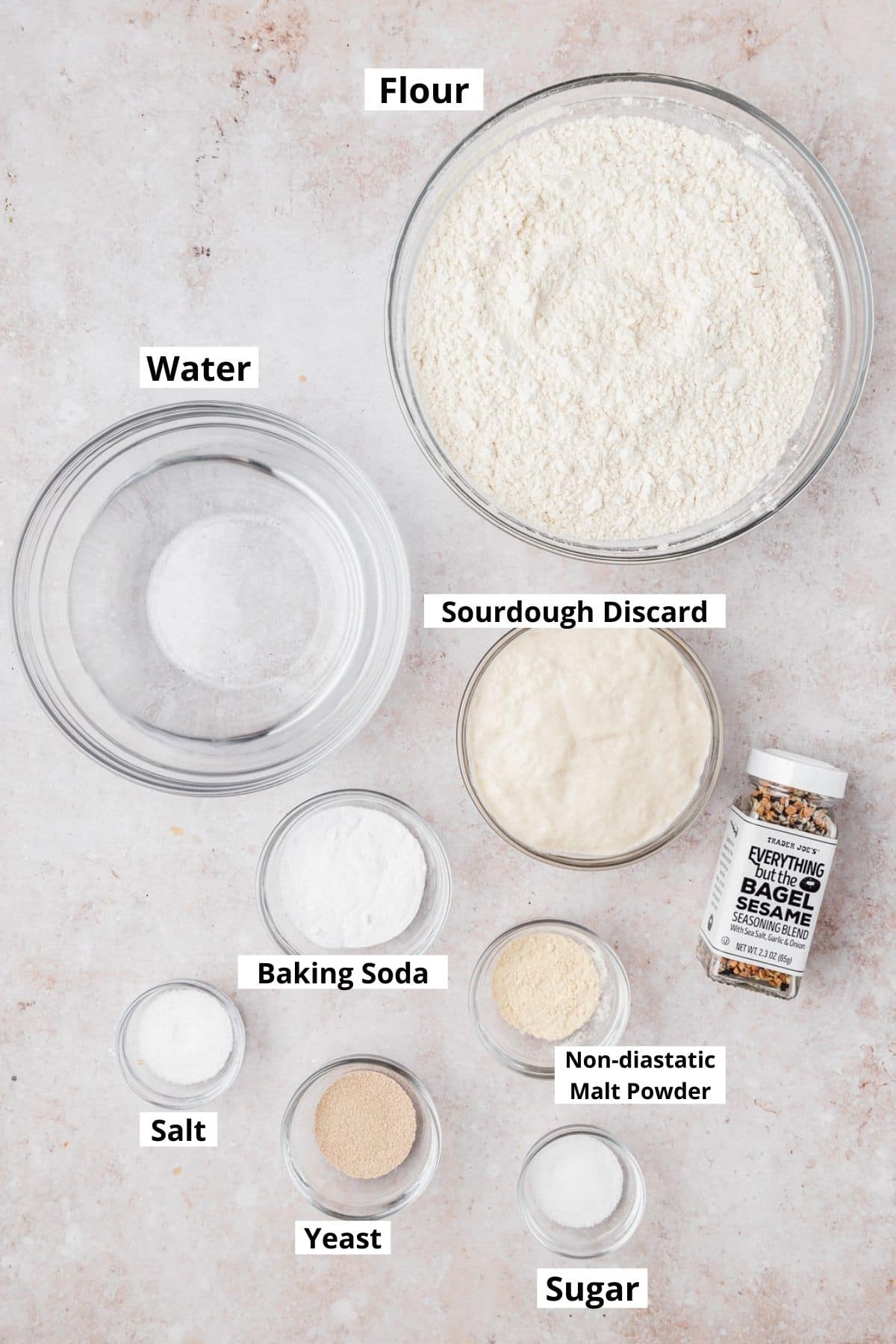 labeled shot of sourdough bagels ingredients 