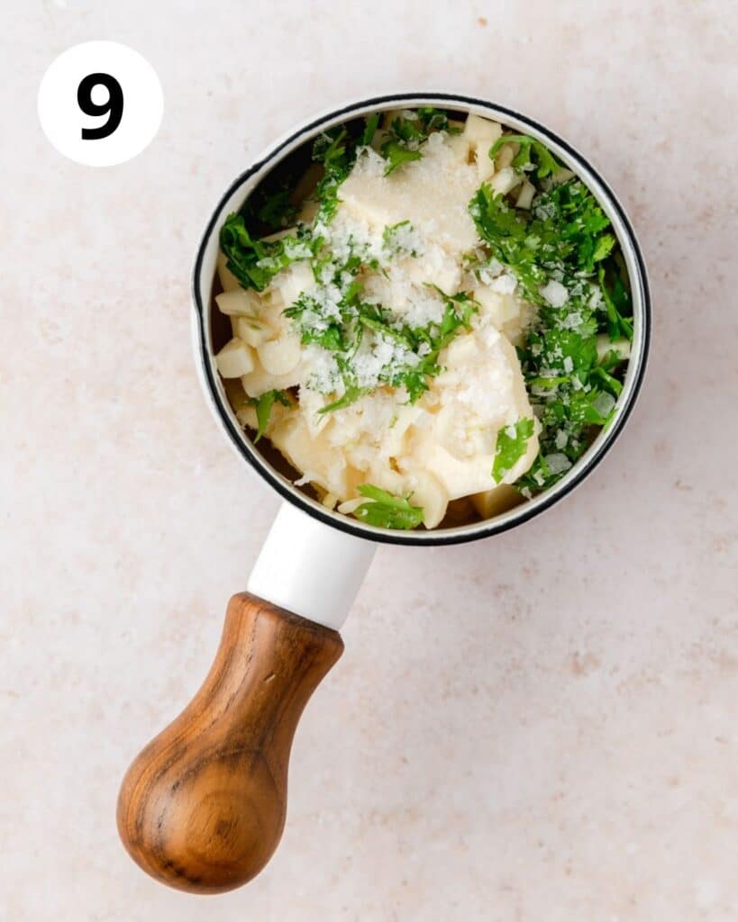 butter, garlic, salt, and cilantro in pot