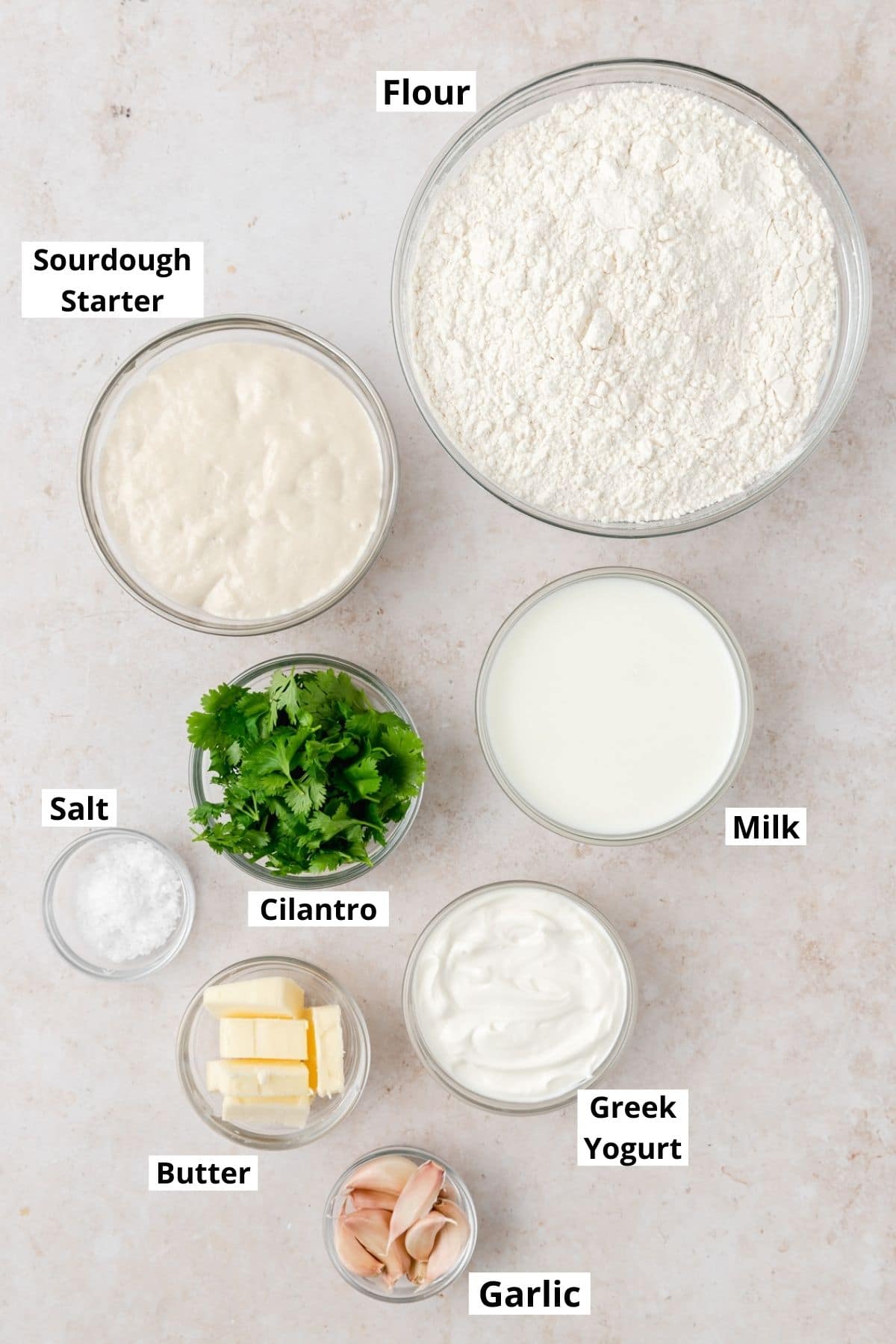 labeled shot of sourdough naan ingredients