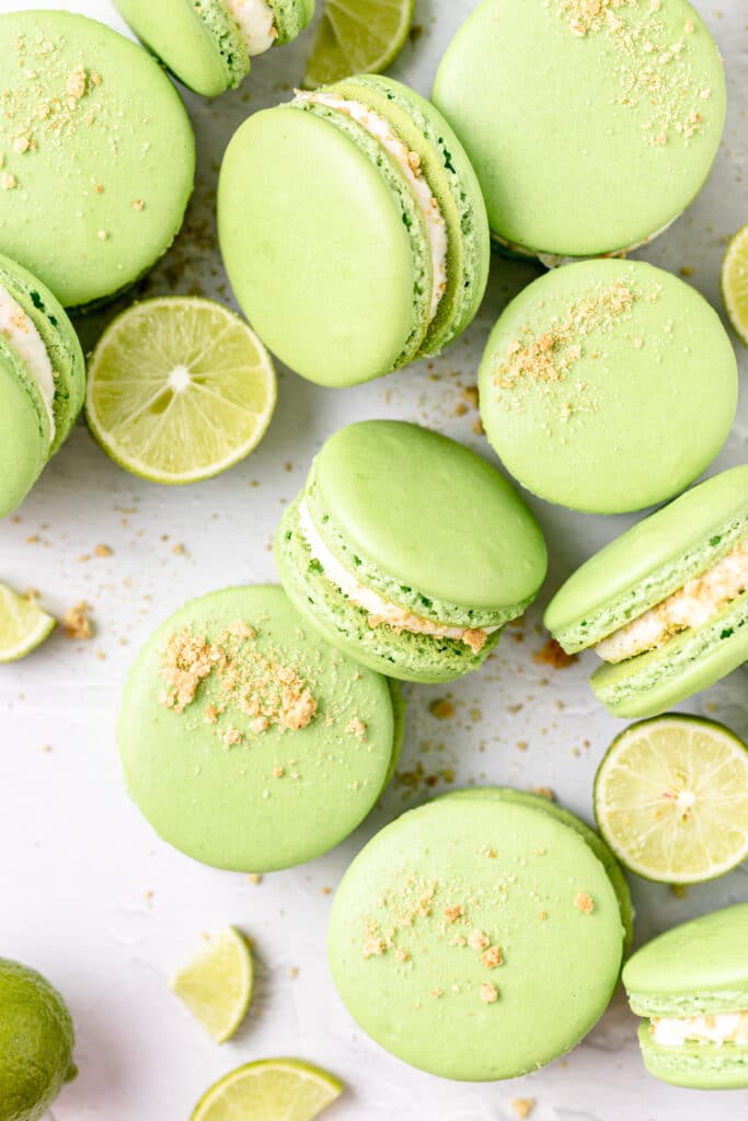 key lime pie macarons with crushed graham crackers on top