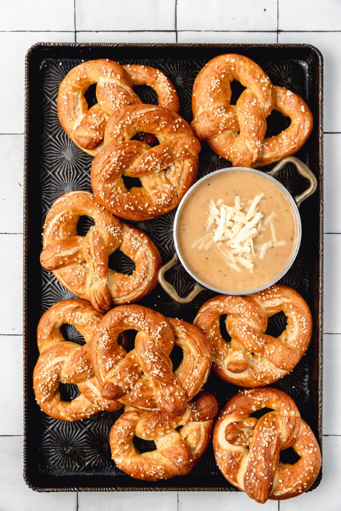 homemade sourdough pretzels with creamy beer cheese dip