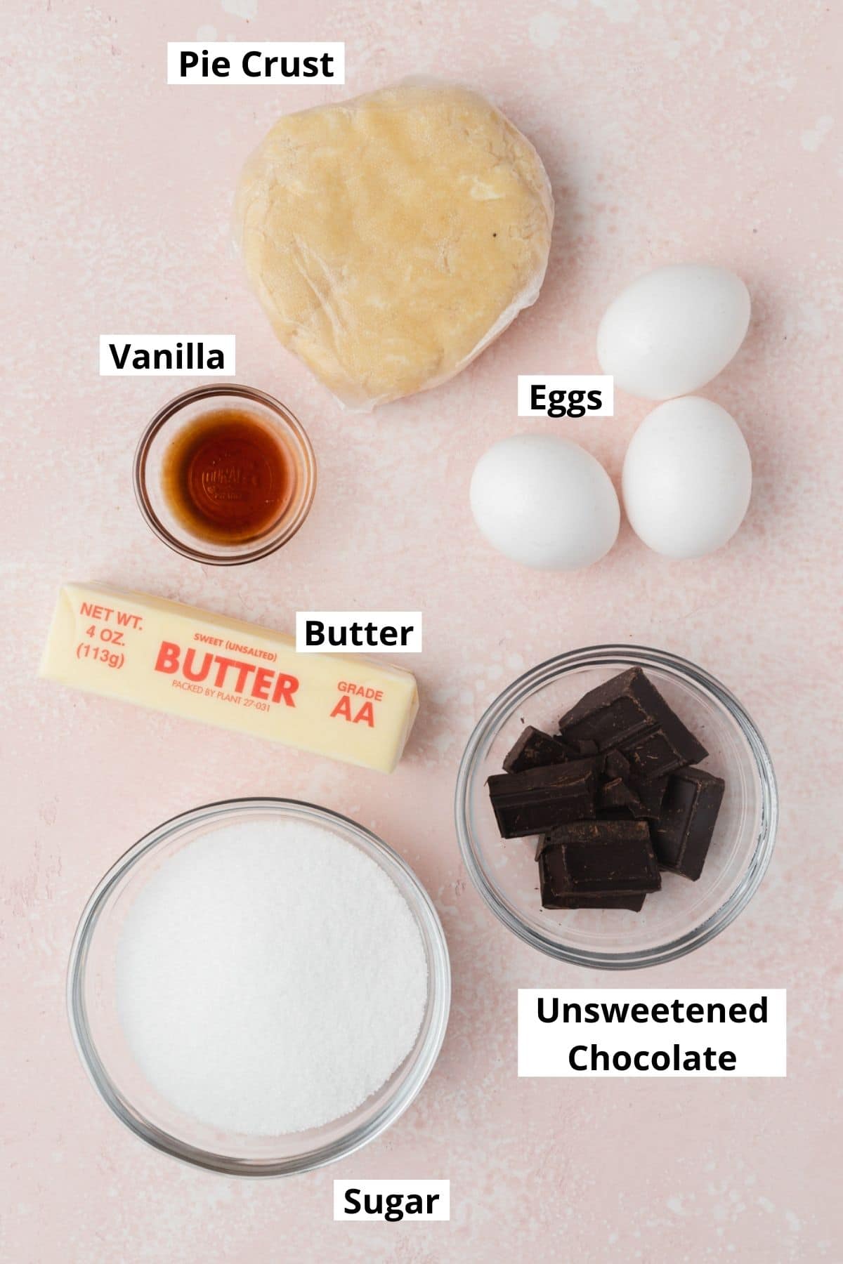 labeled shot of french silk pie ingredients