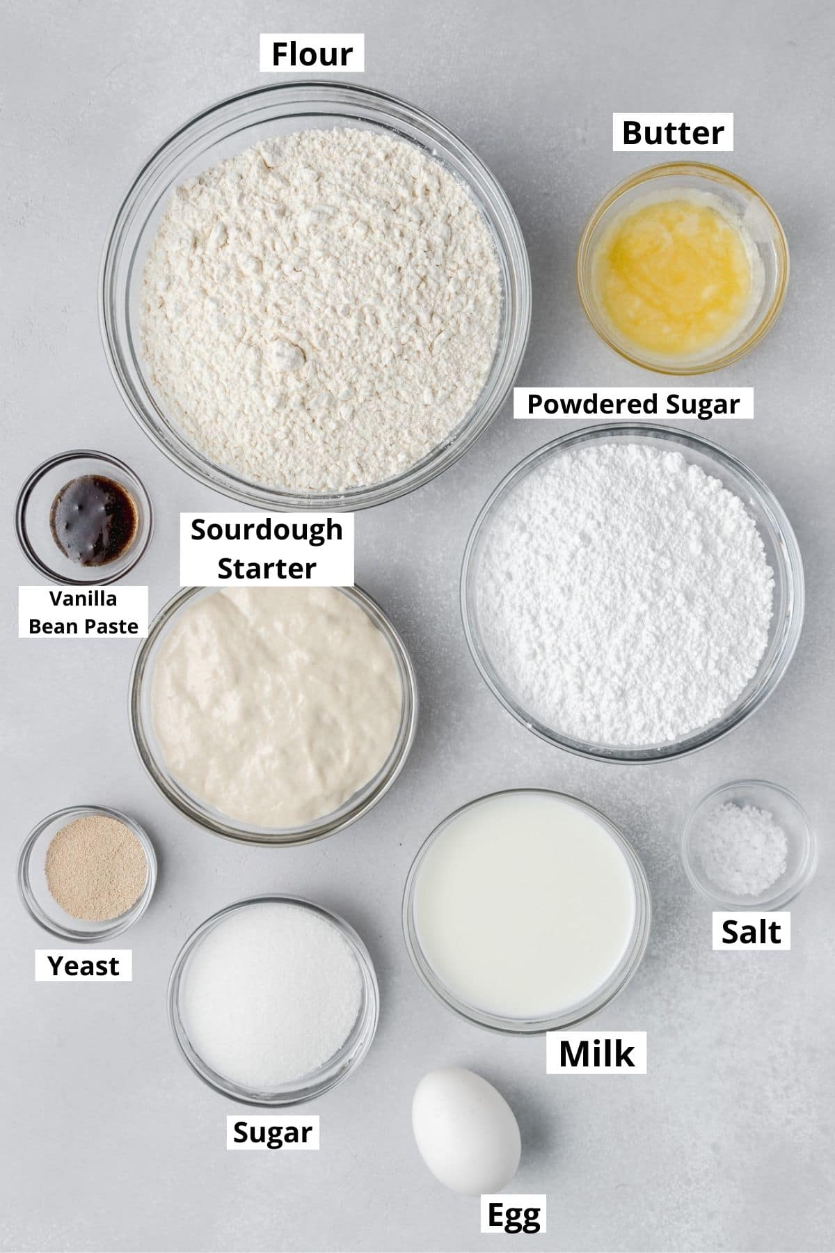 labeled shot of sourdough donuts ingredients 