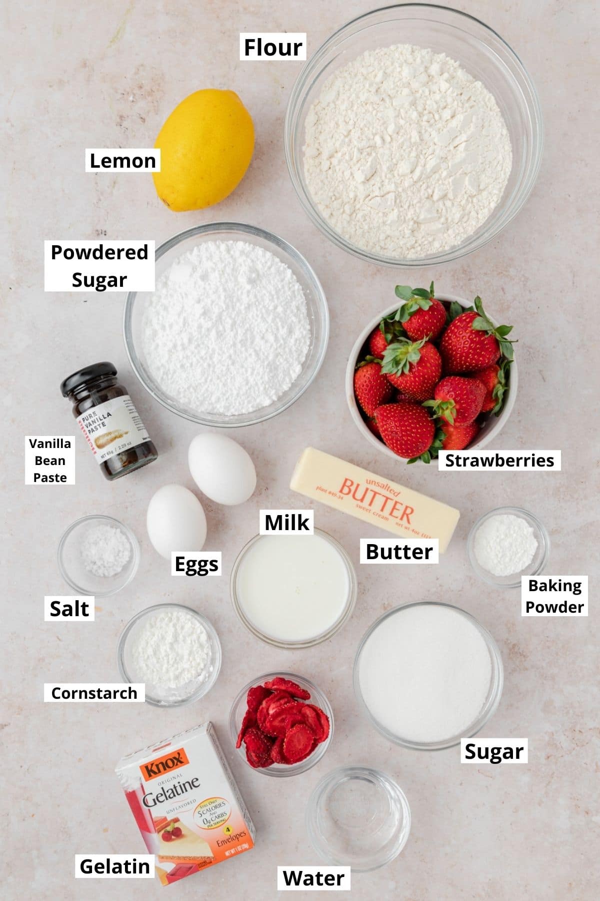 labeled shot of strawberry cupcakes ingredients 
