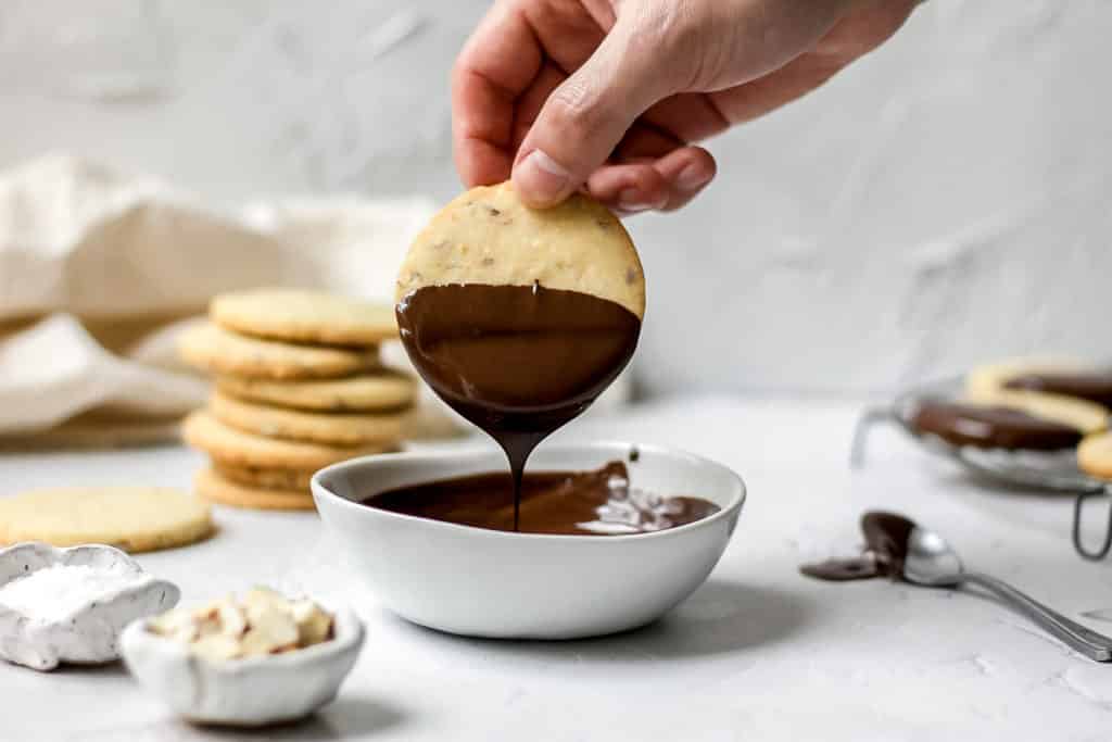 almond shortbread cookies dipped in dark chocolate