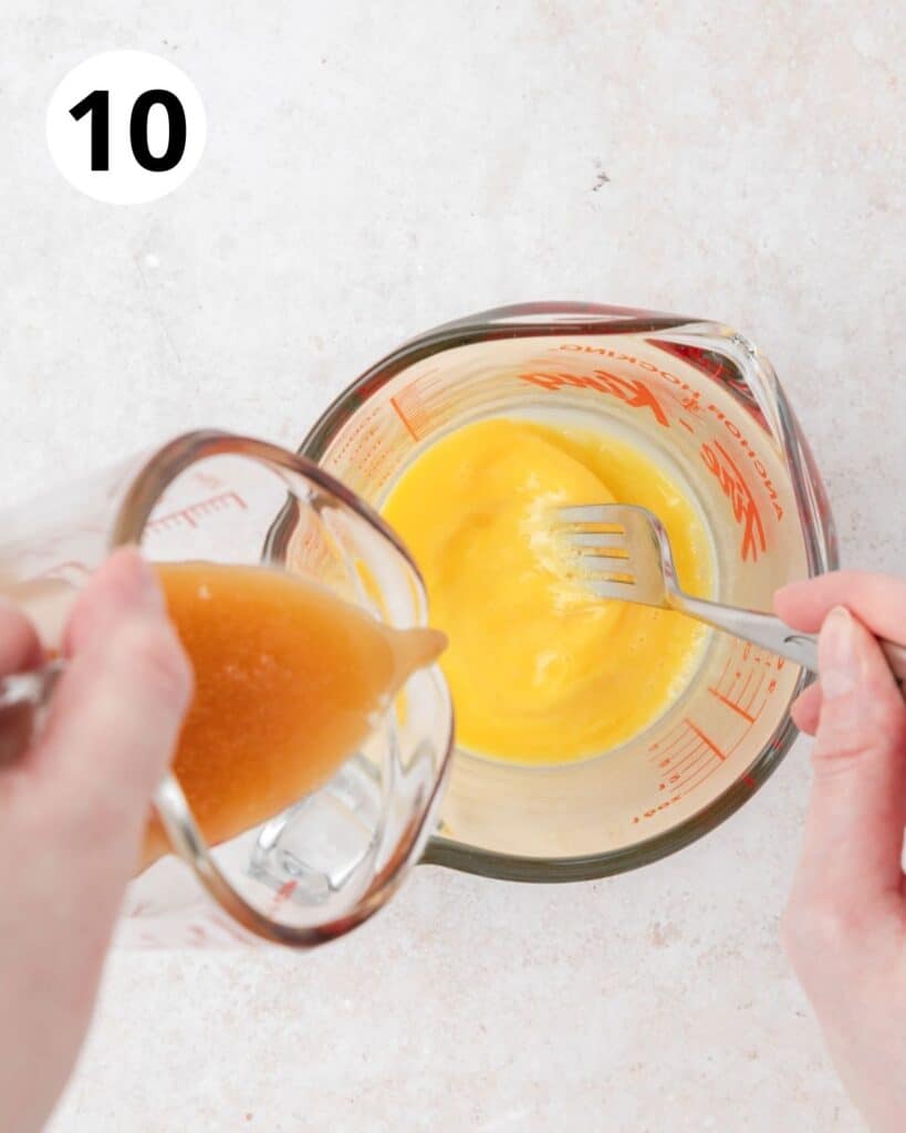 pouring syrup into egg to temper