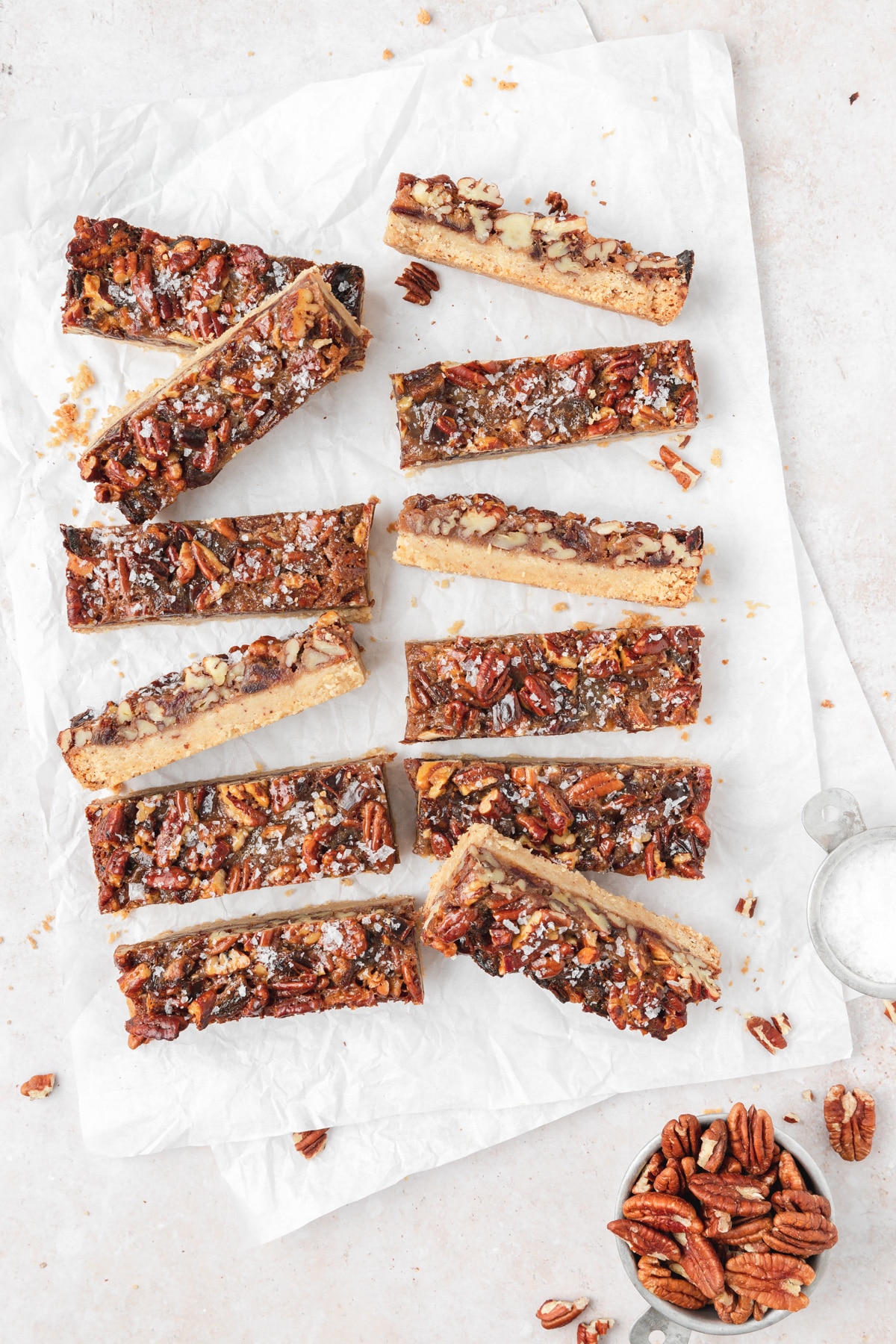 flat lay of pecan pie cookie bars with dates