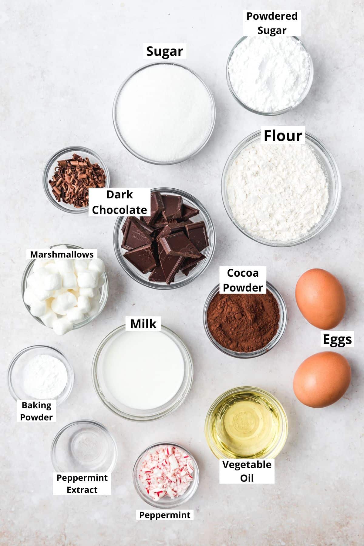 labeled ingredients for hot chocolate cupcakes.