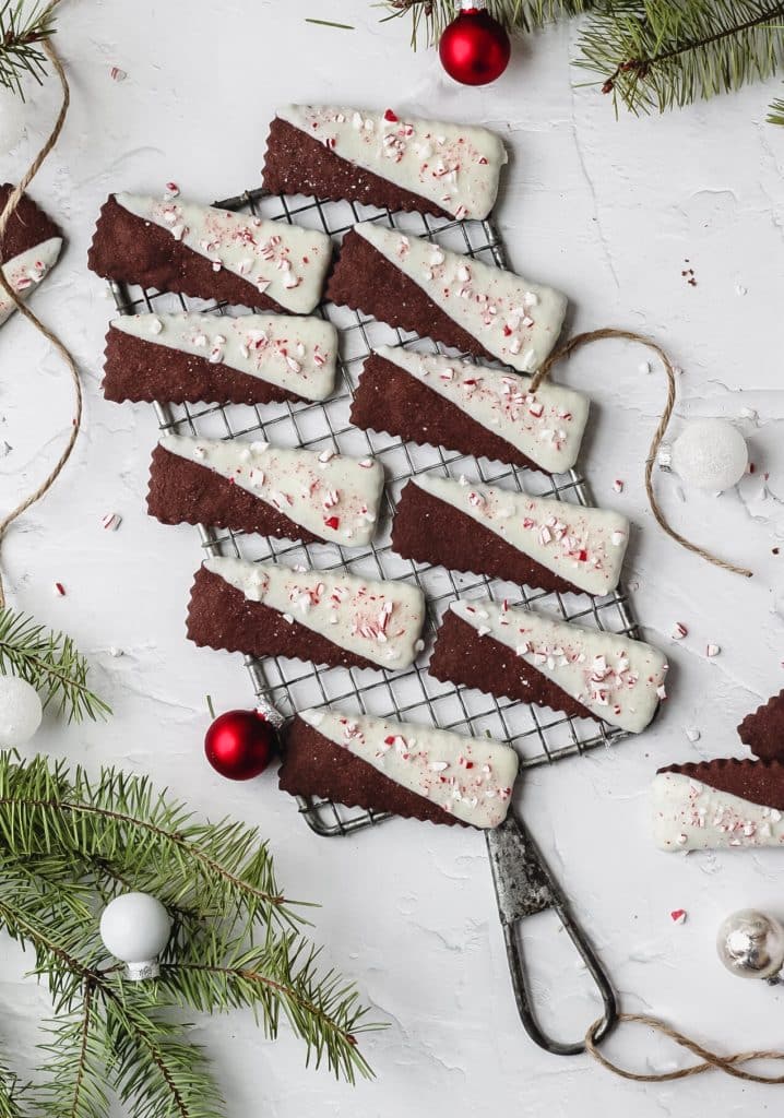 chocolate peppermint shortbread cookies dipped in white chocolate