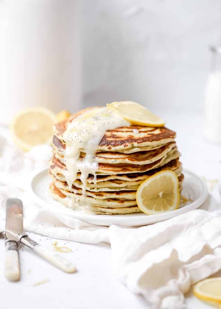 lemon poppy seed sourdough pancakes  with icing drizzle