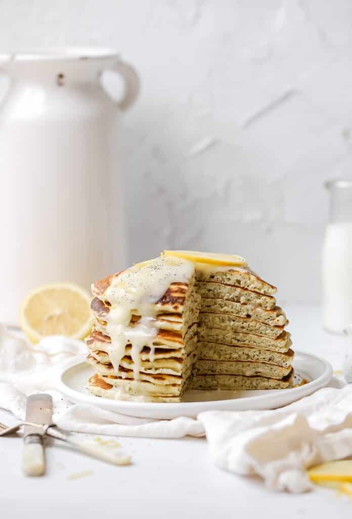 lemon poppy seed sourdough pancakes stack