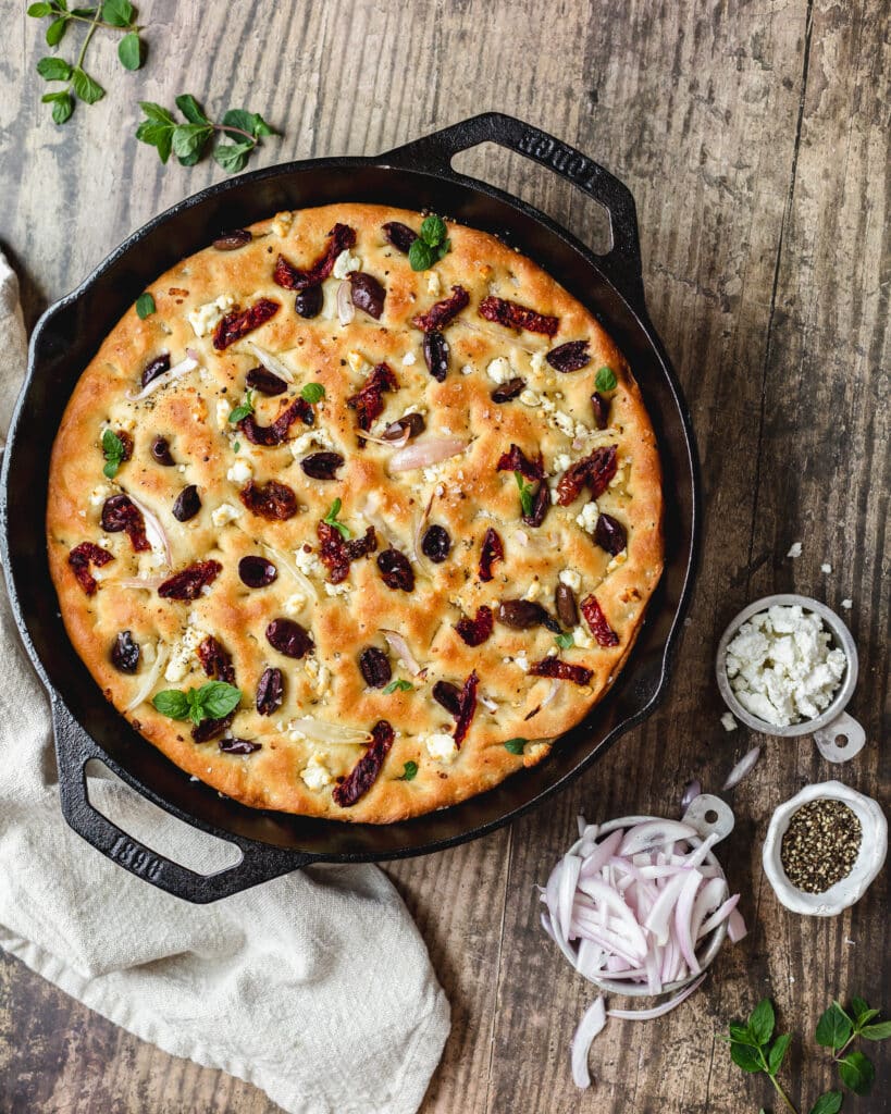 Mediterranean focaccia with sundried tomatoes and olives
