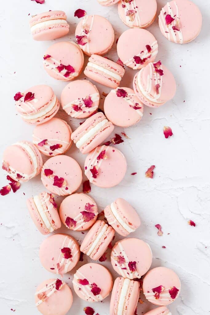 white chocolate rose macarons with dried rose petals
