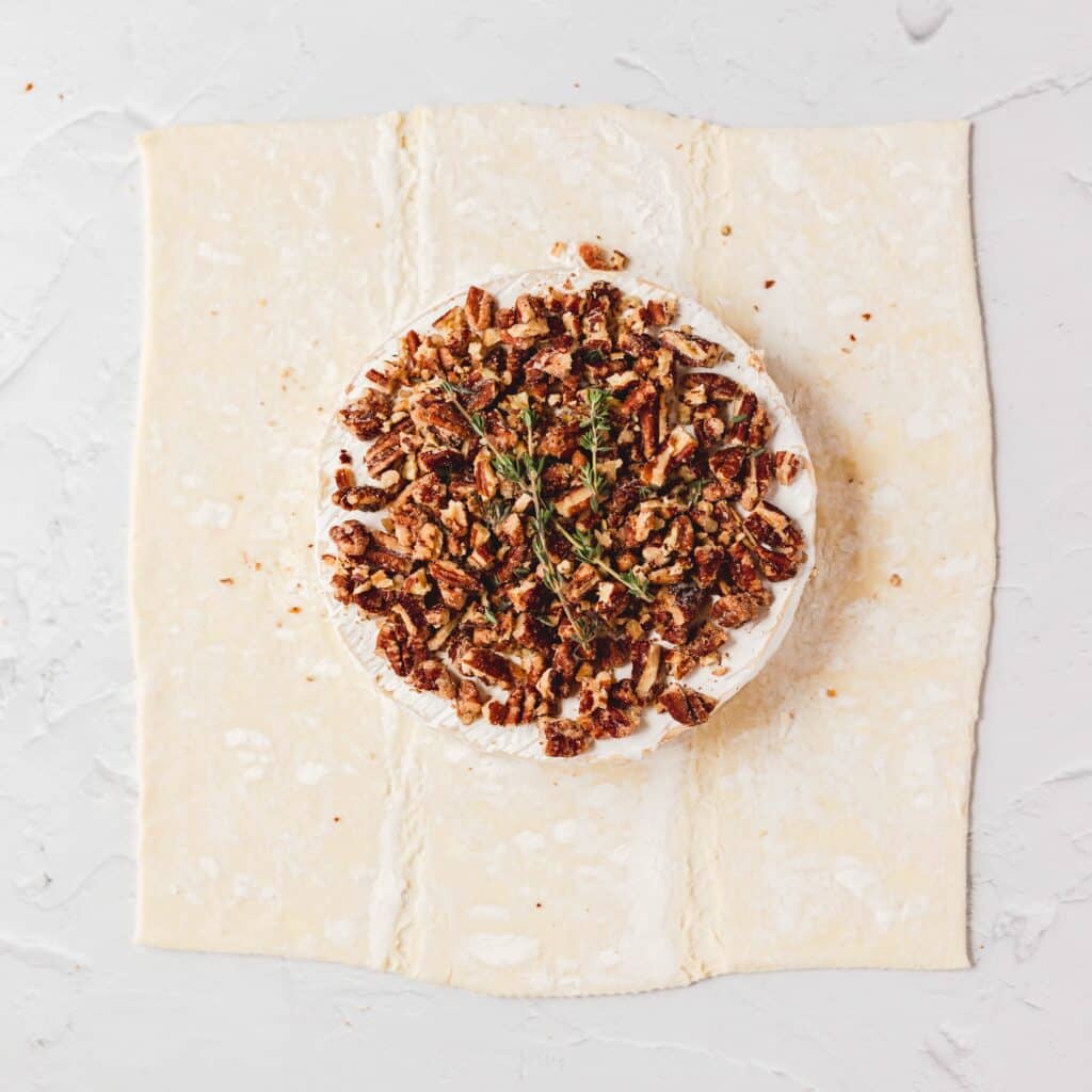 brie on puff pastry with pecans