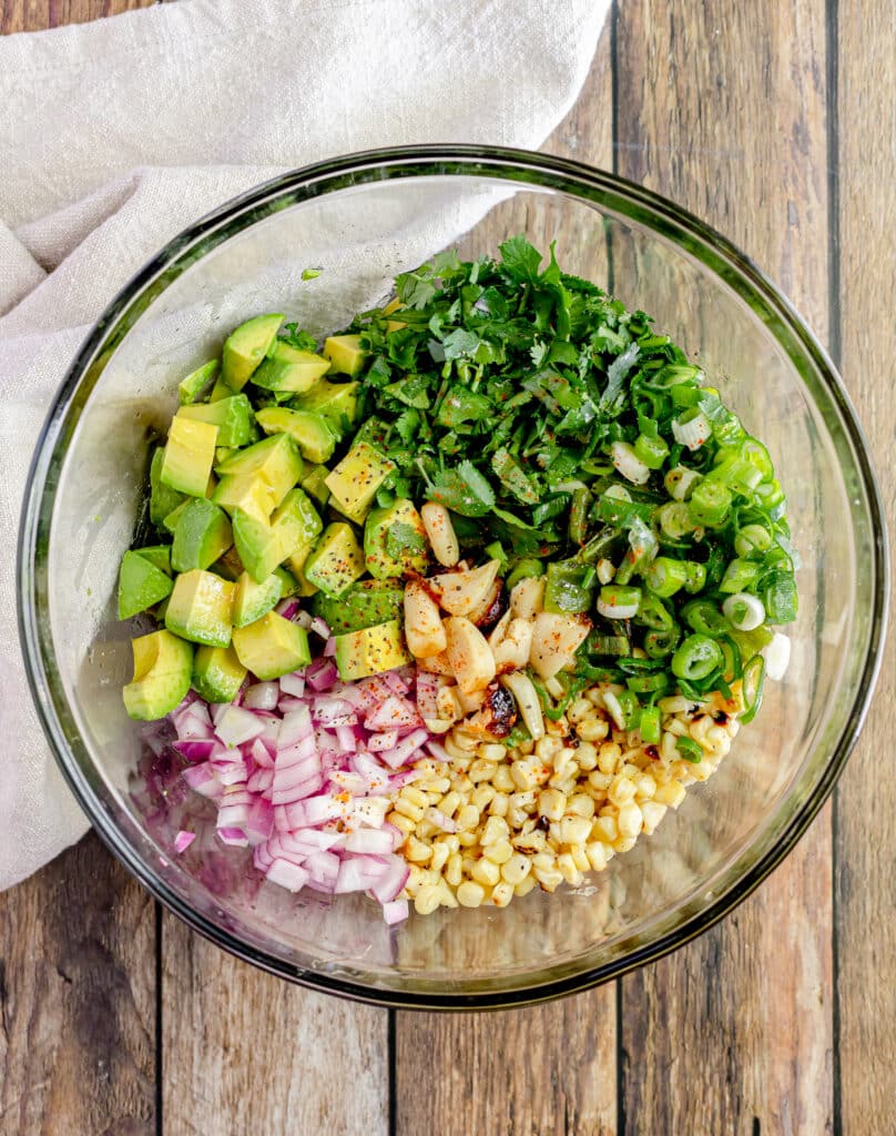 grilled corn and avocado salsa before mixing