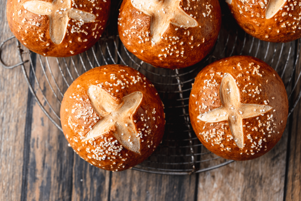 sourdough pretzel buns after baking