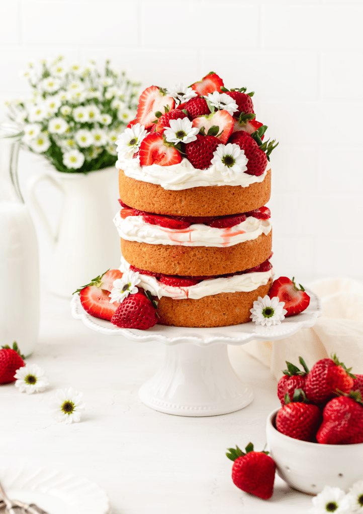 strawberry shortcake layer cake with fresh strawberries
