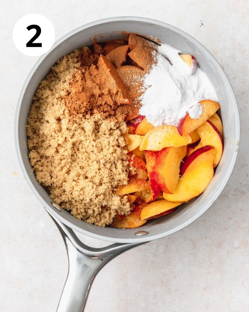 brown sugar, spices, and cornstarch added to peaches.