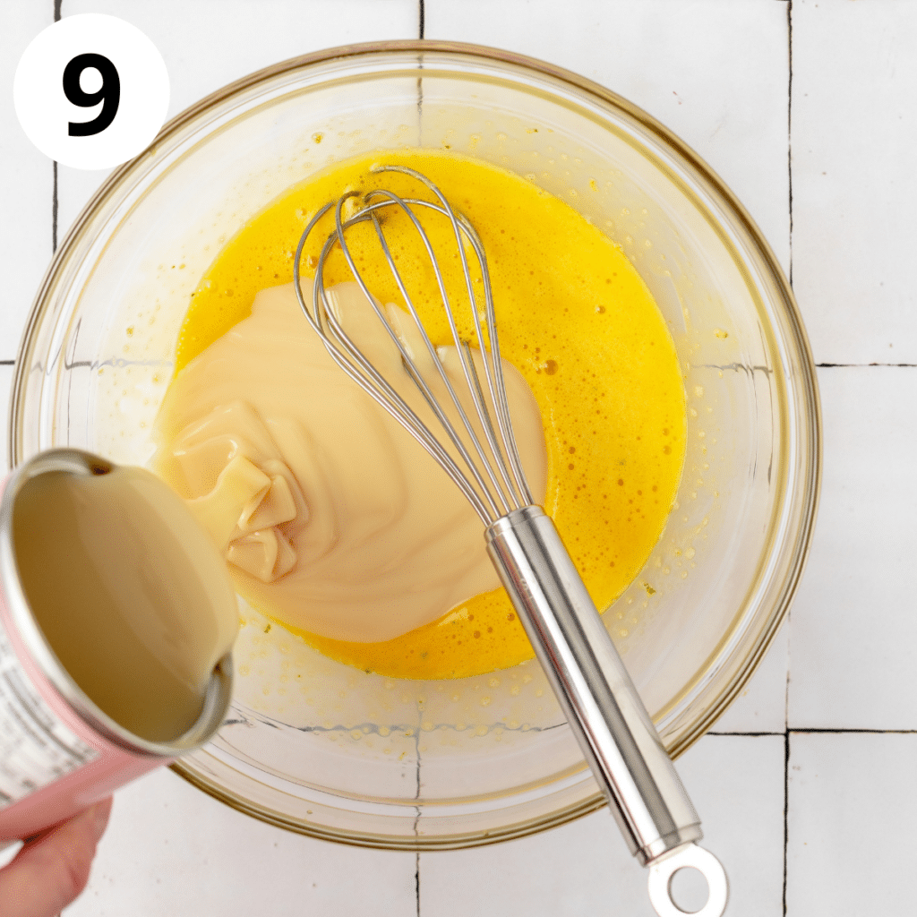 pouring sweetened condensed milk into egg yolks
