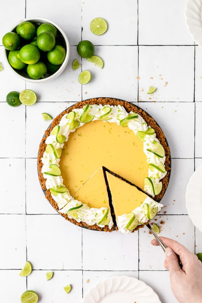 slice being lifted out of key lime pie
