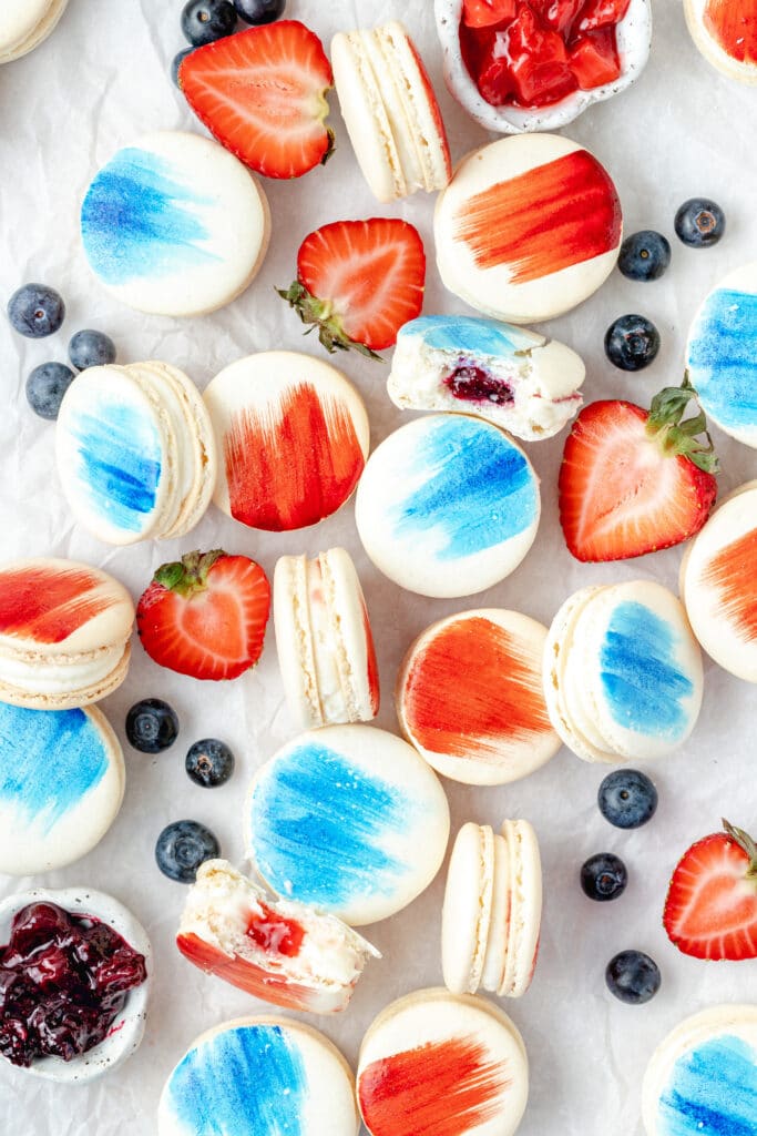 red white and blue berry macarons with blueberries and strawberries 