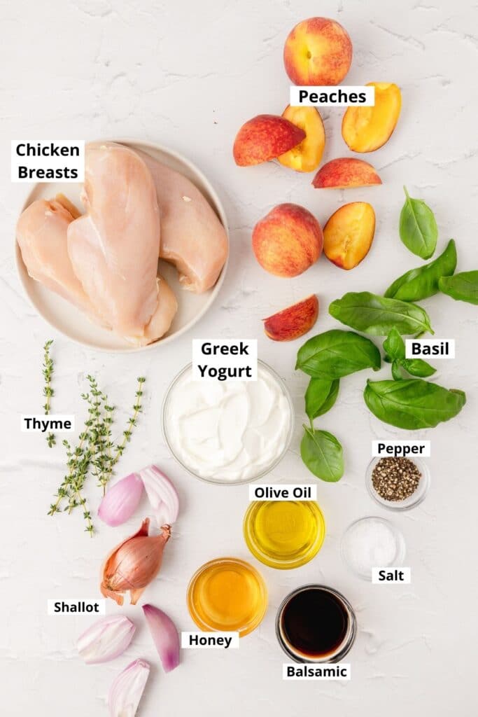 labeled shot of roasted chicken and peaches ingredients 