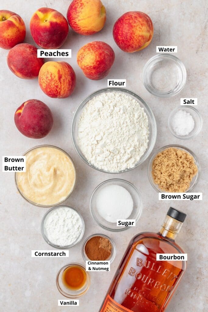 labeled shot of peach pie ingredients 