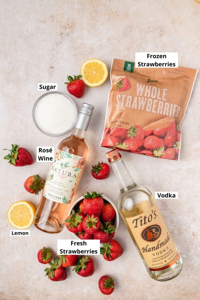 labeled shot of strawberry frosé ingredients 