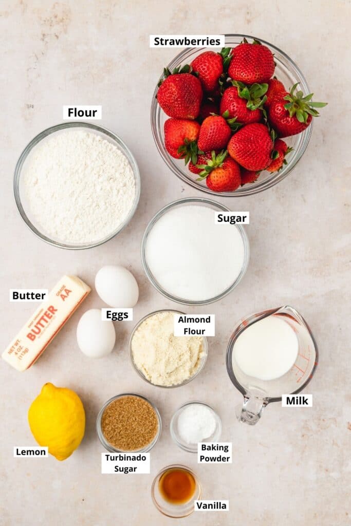 labeled shot of strawberry muffin ingredients