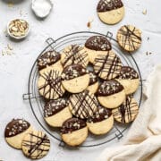 close up of chocolate almond shortbread cookies