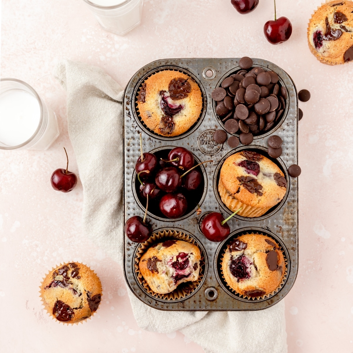 close up shot of chocolate cherry muffins