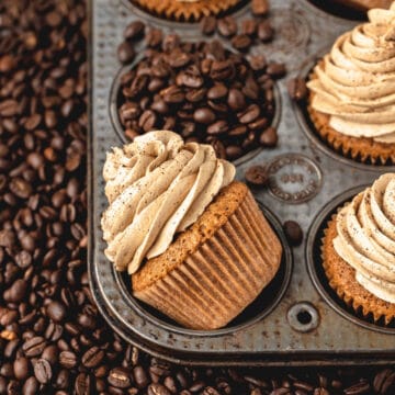 close up shot of espresso cupcakes with coffee beans