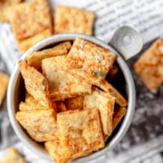 close up shot of cheesy sourdough crackers