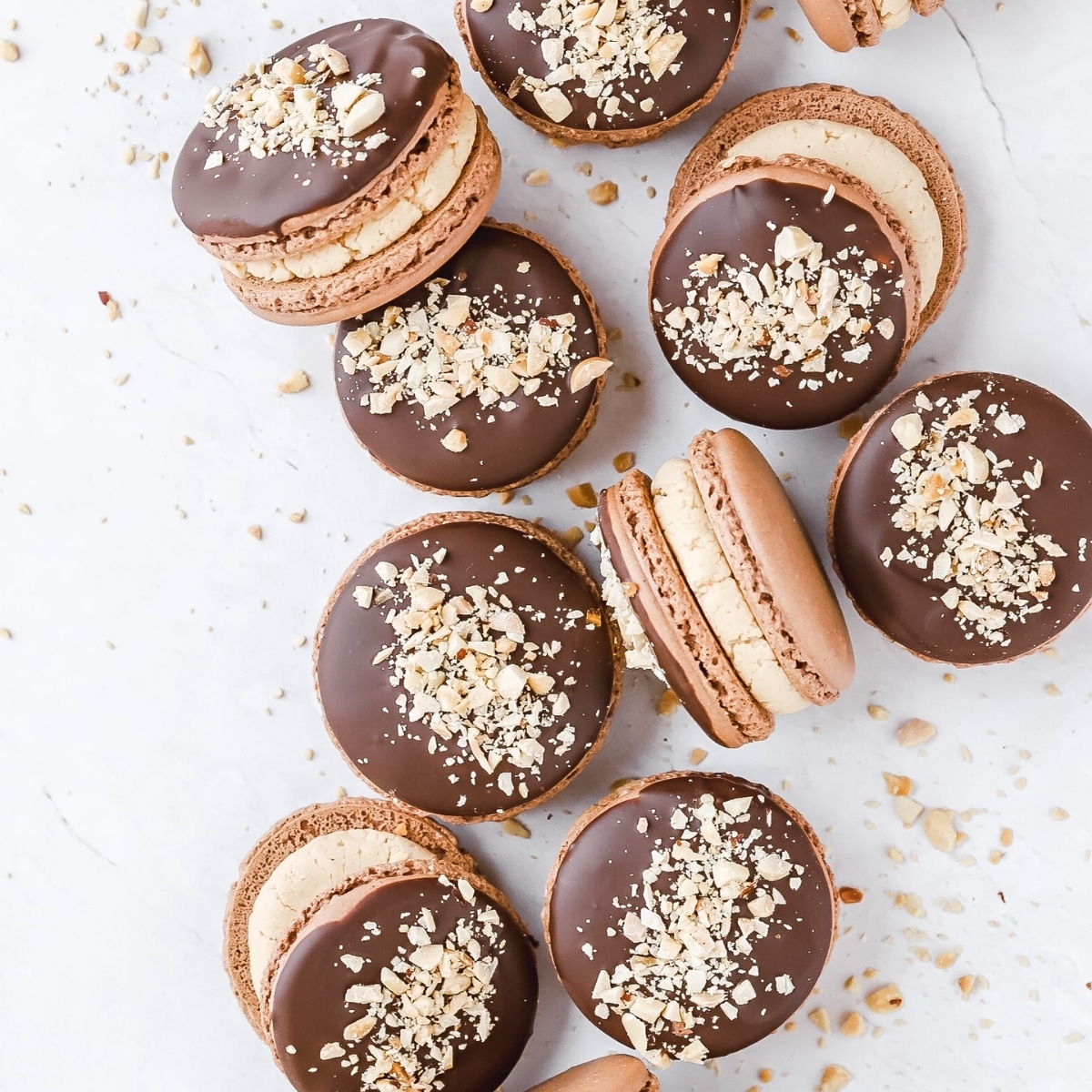 close up shot of chocolate peanut butter macarons