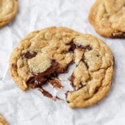close up shot of brown butter toffee chocolate chip cookies