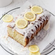 close up of lemon poppy seed loaf cake