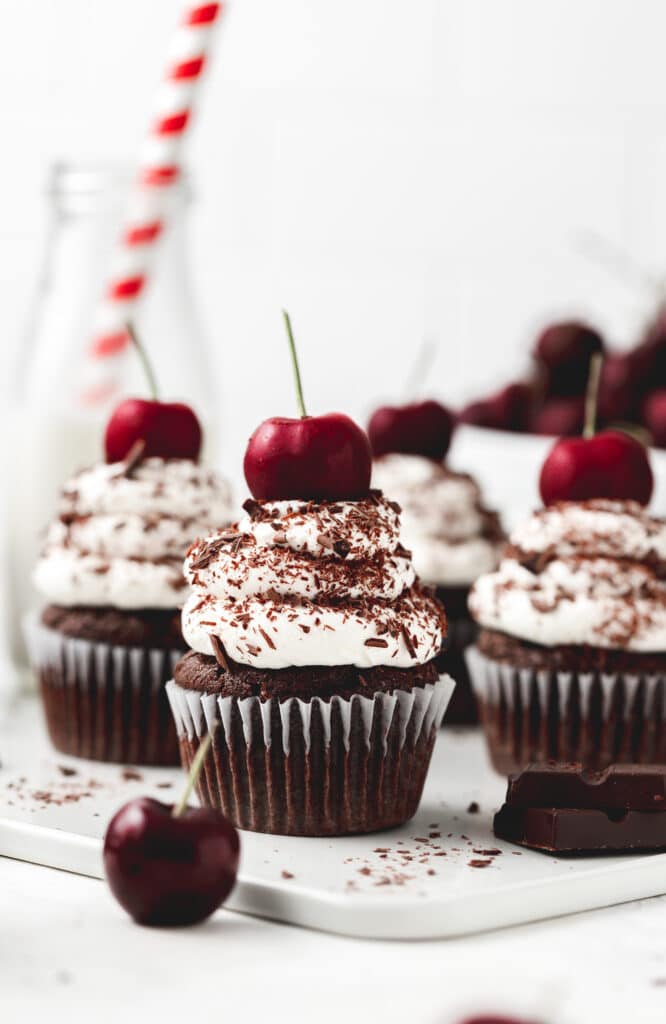 close up shot of black forest cupcakes 