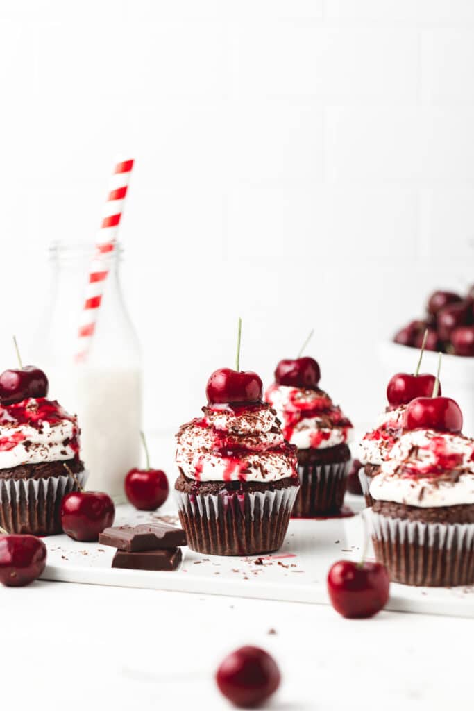 black forest cupcakes with cherry juice drizzled on top