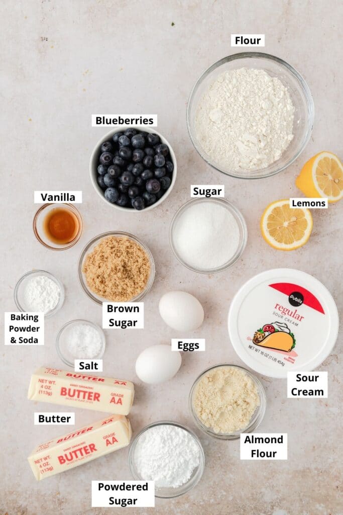 labeled shot of blueberry bundt cake ingredients 