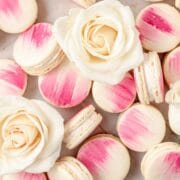 close up shot of vanilla bean macarons with rose buttercream