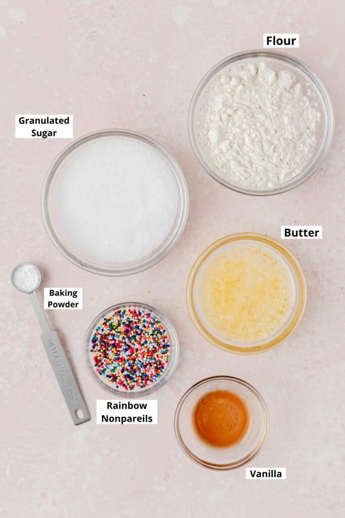 labeled shot of birthday cake crumbs ingredients 