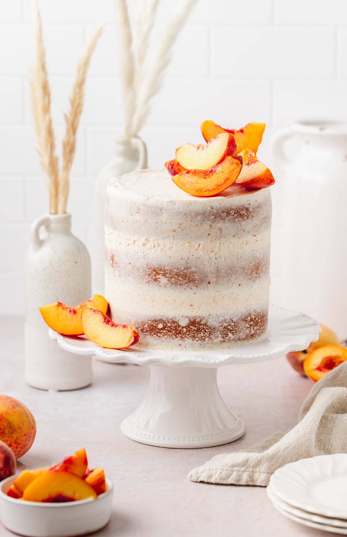 finished shot of brown butter peach layer cake