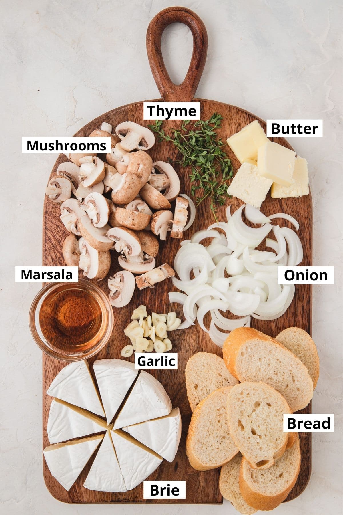 labeled shot of mushroom crostini ingredients