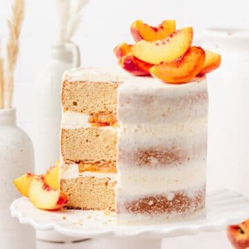 close up shot of brown butter peach layer cake