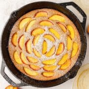 close up shot of brown butter peach skillet cake