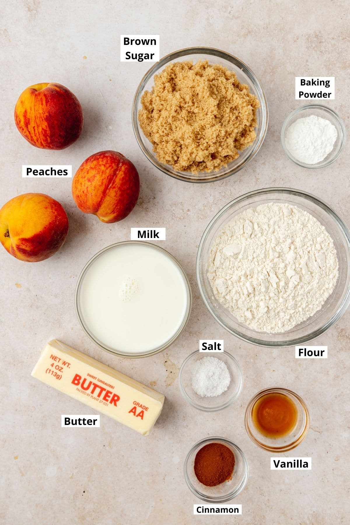 labeled shot of peach skillet cake ingredients 