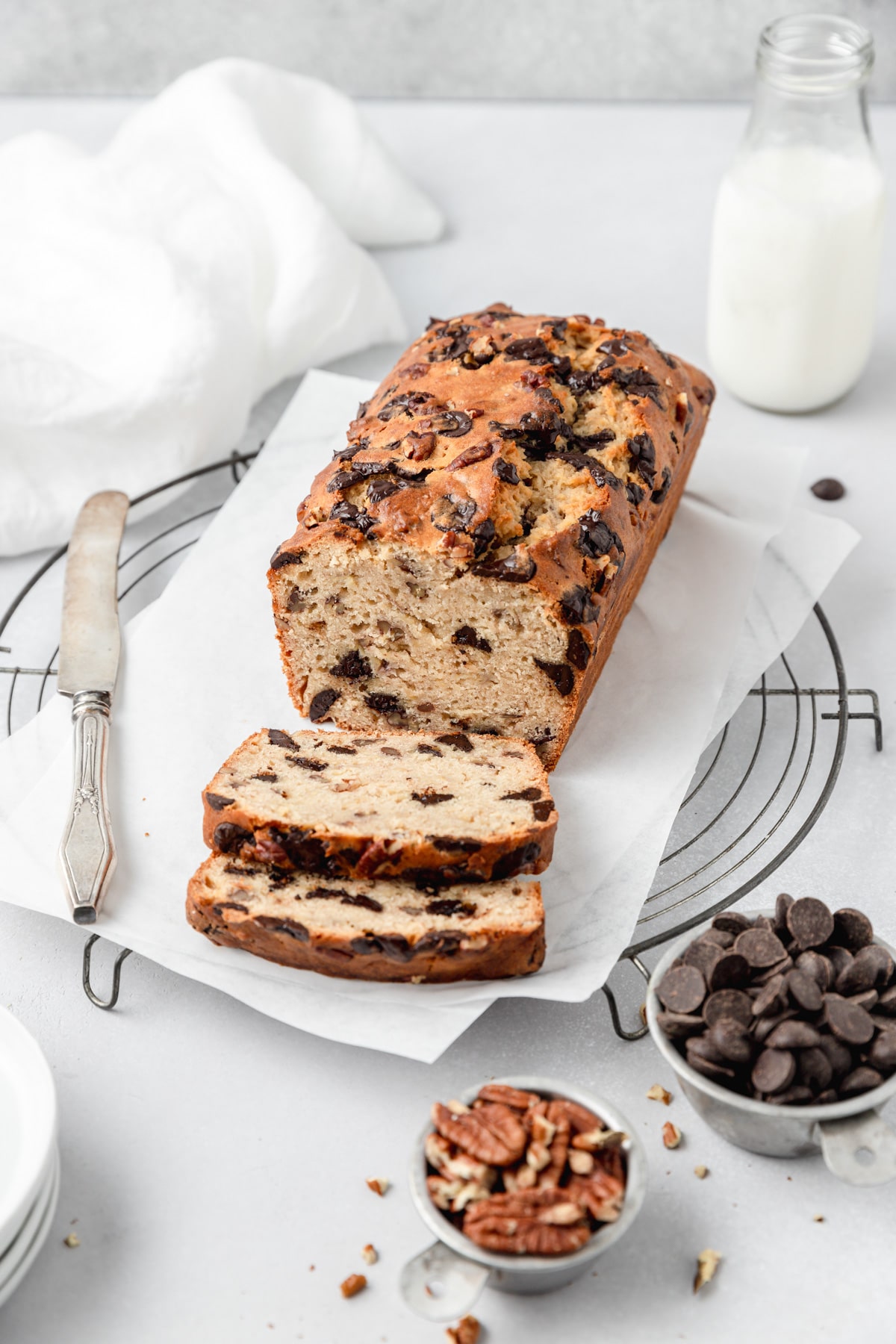 sourdough banana bread with chocolate chips and pecans