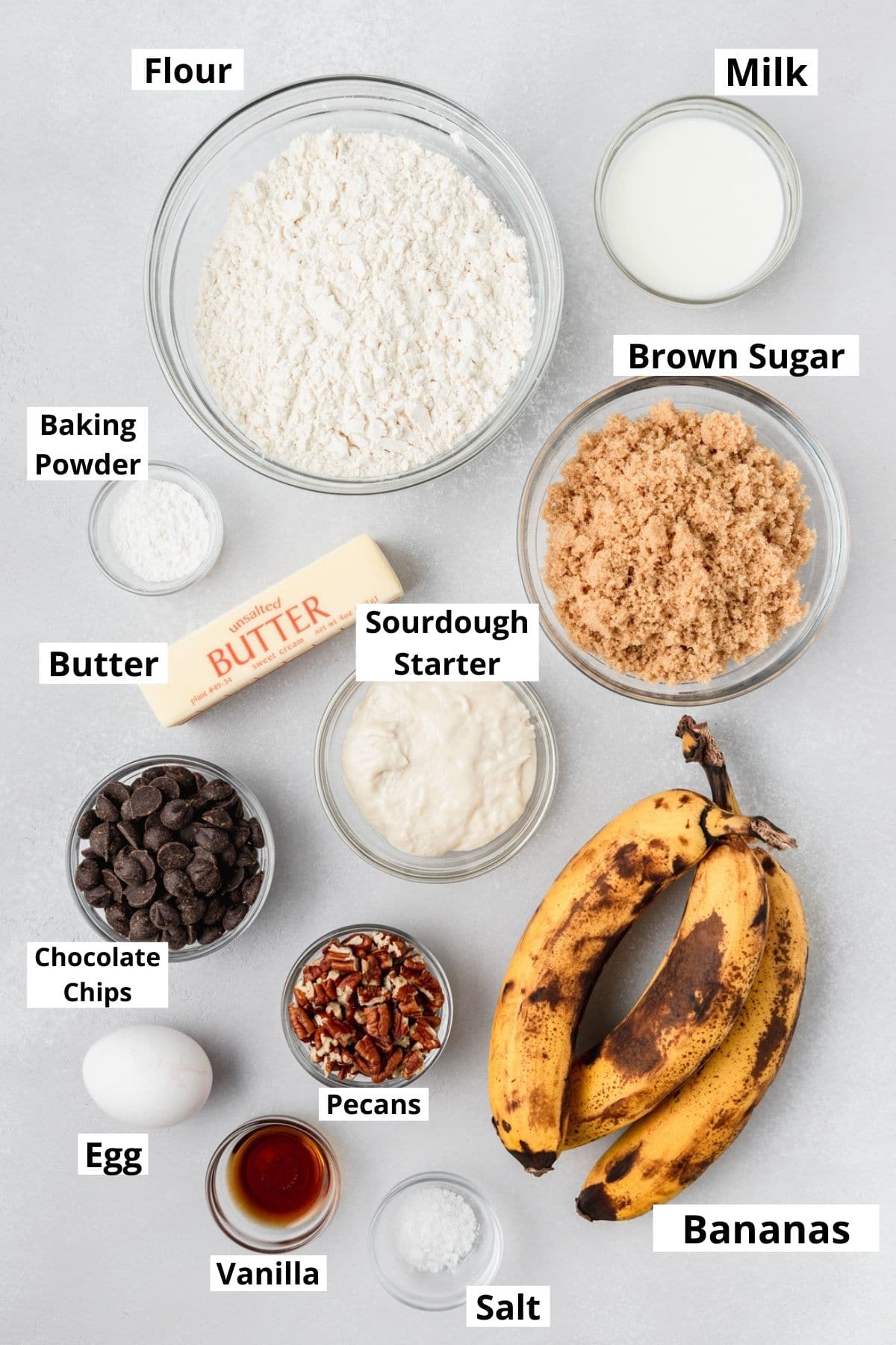labeled shot of sourdough discard banana bread ingredients 